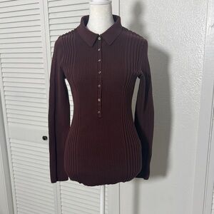 SUNDANCE Ribbed Stretch Long-Sleeve Polo Top in Dark Brown Sz L